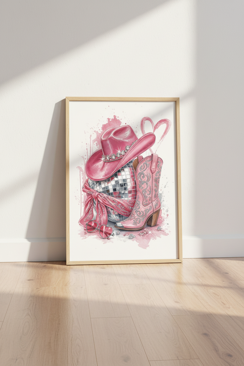 Pink Cowgirl Boot &amp; Disco Ball Wall Art | Dorm Decor | Preppy Western Poster
