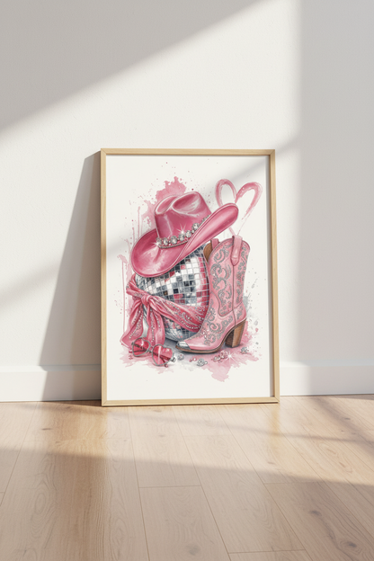 Pink Cowgirl Boot &amp; Disco Ball Wall Art | Dorm Decor | Preppy Western Poster