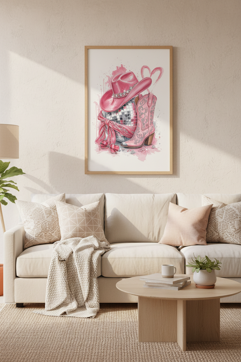Pink Cowgirl Boot &amp; Disco Ball Wall Art | Dorm Decor | Preppy Western Poster