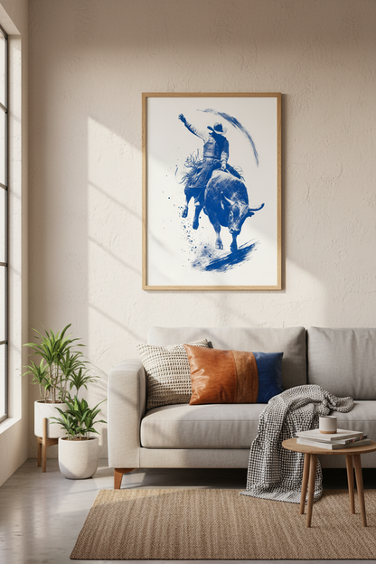 Bull Rider Rodeo Wall Art Print | Blue Western Decor | Modern Cowboy Poster