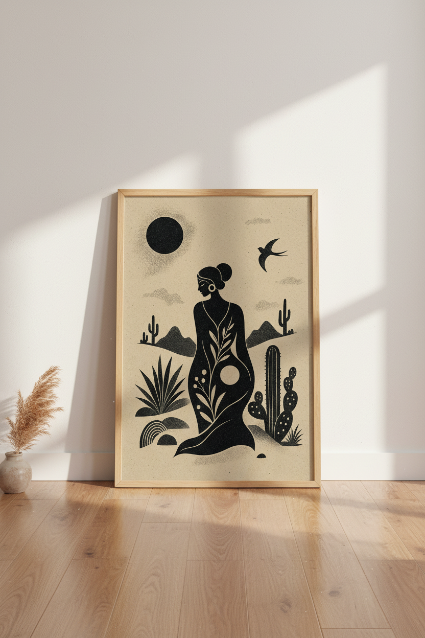 Desert Woman Wall Art | Minimalist Boho Cactus Print | Earthy Southwest Decor
