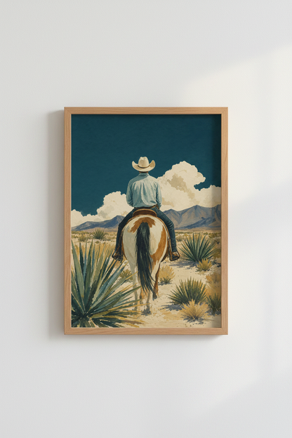 Western Cowboy Print | Rustic Desert Landscape, Horseback Rider Wall Art