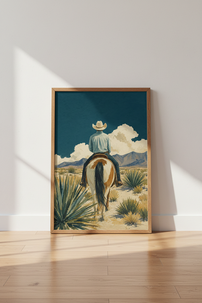 Western Cowboy Print | Rustic Desert Landscape, Horseback Rider Wall Art