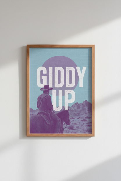 Western Cowboy Wall Art Print | Teal and Purple Giddy Up Poster | Retro Boho Room Decor
