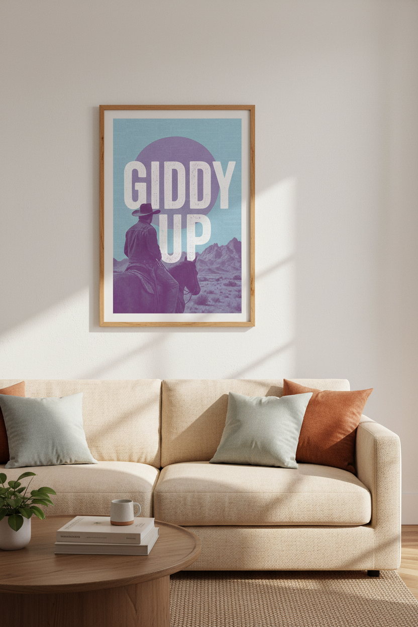 Western Cowboy Wall Art Print | Teal and Purple Giddy Up Poster | Retro Boho Room Decor