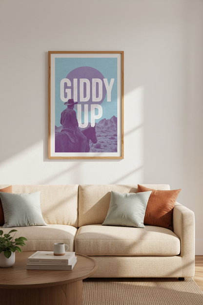 Western Cowboy Wall Art Print | Teal and Purple Giddy Up Poster | Retro Boho Room Decor