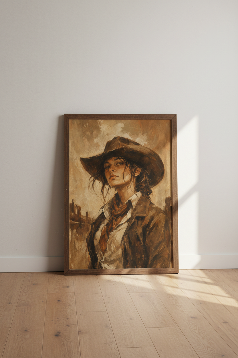 Cowgirl Portrait | Vintage Oil Painting Style, Rustic Western Farmhouse Wall Art