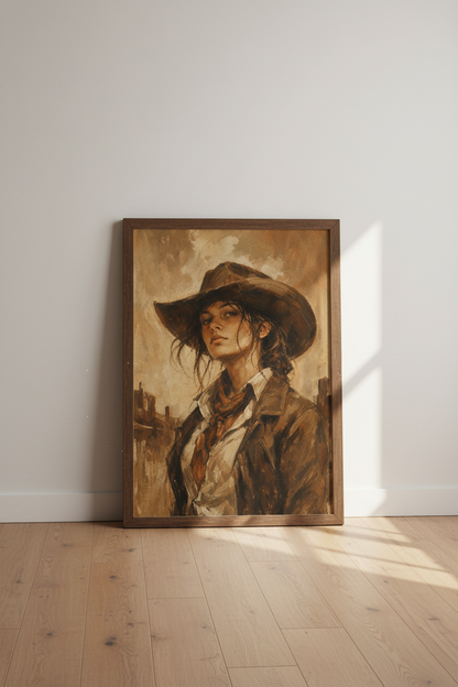 Cowgirl Portrait | Vintage Oil Painting Style, Rustic Western Farmhouse Wall Art