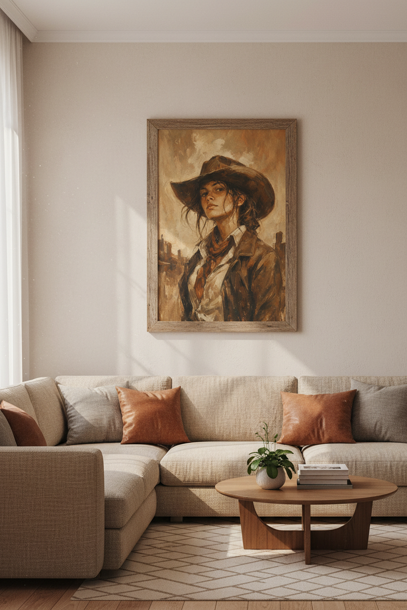 Cowgirl Portrait | Vintage Oil Painting Style, Rustic Western Farmhouse Wall Art