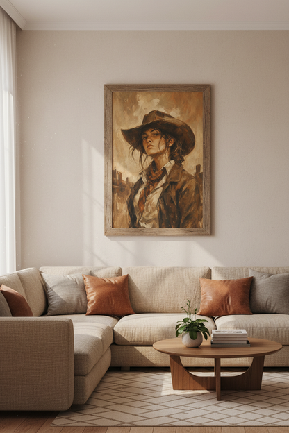 Cowgirl Portrait | Vintage Oil Painting Style, Rustic Western Farmhouse Wall Art