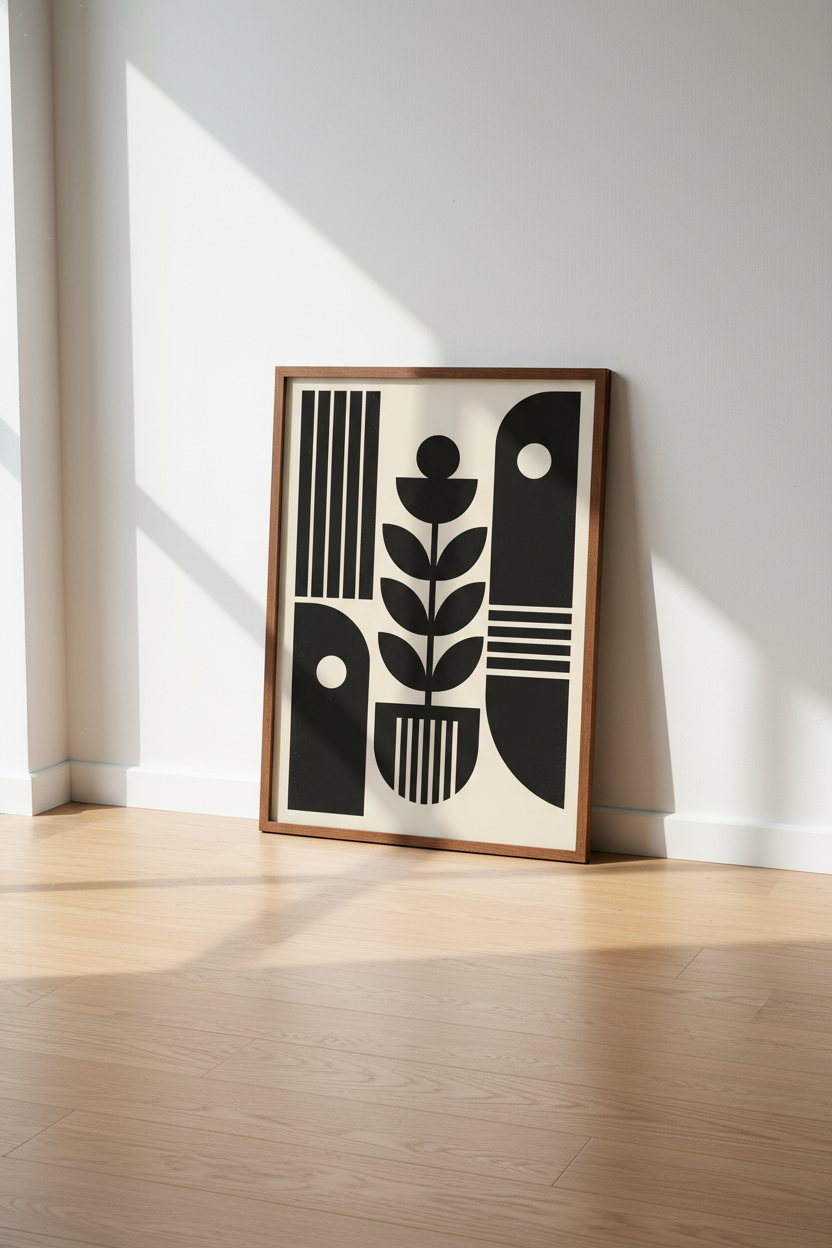 Minimalist Geometric Floral Wall Art | Black &amp; Cream Modern Decor | Botanical Poster