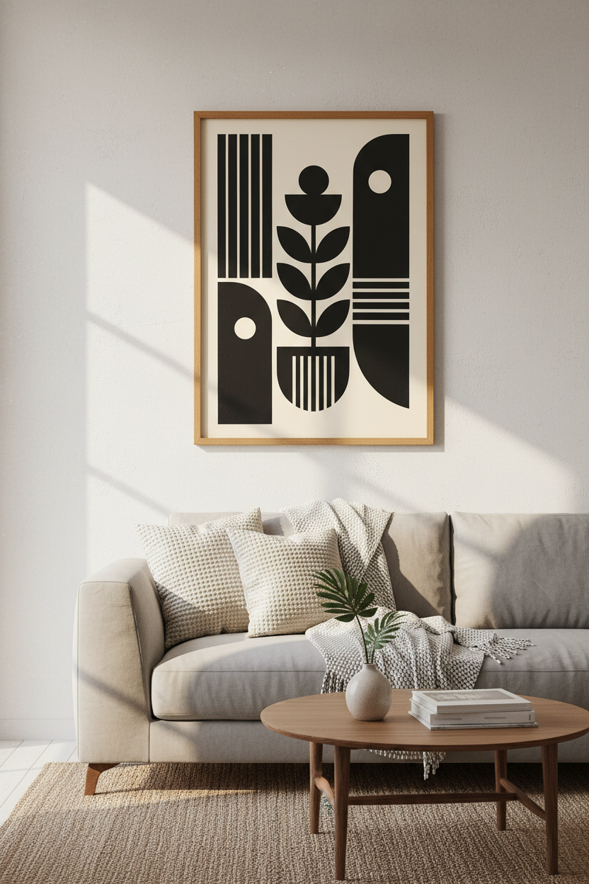Minimalist Geometric Floral Wall Art | Black &amp; Cream Modern Decor | Botanical Poster