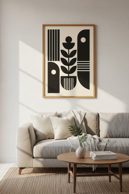 Minimalist Geometric Floral Wall Art | Black &amp; Cream Modern Decor | Botanical Poster