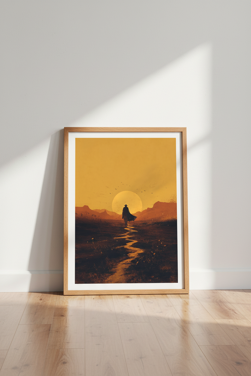Cowboy Silhouette Sunset Wall Art | Desert Landscape, Minimalist Western Poster