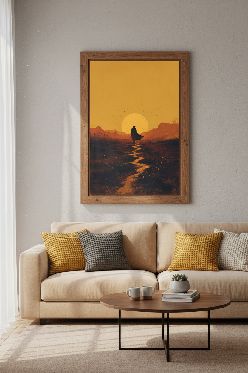Cowboy Silhouette Sunset Wall Art | Desert Landscape, Minimalist Western Poster