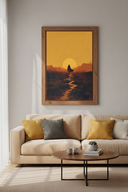 Cowboy Silhouette Sunset Wall Art | Desert Landscape, Minimalist Western Poster