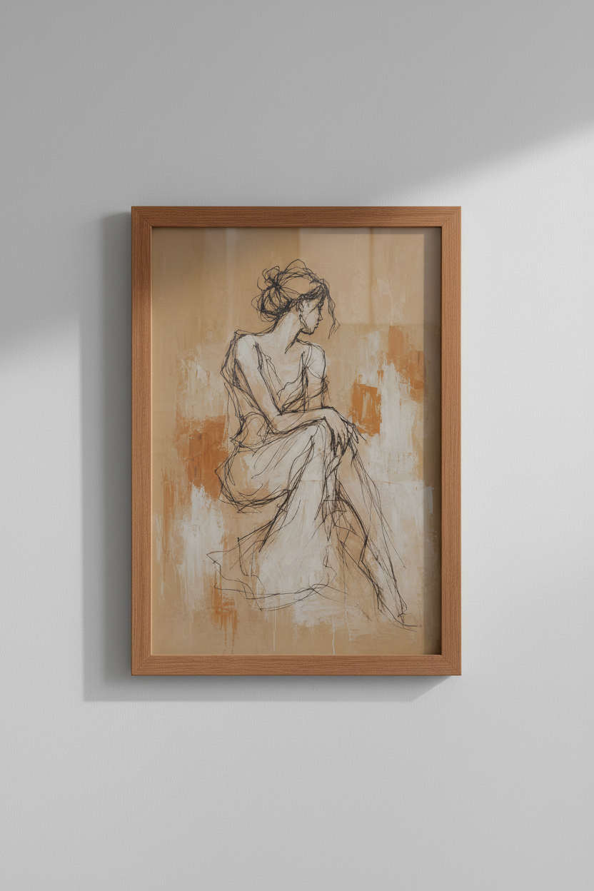 Minimalist Line Art | Warm Nude Sketch, Cream Tones | Living Room Decor