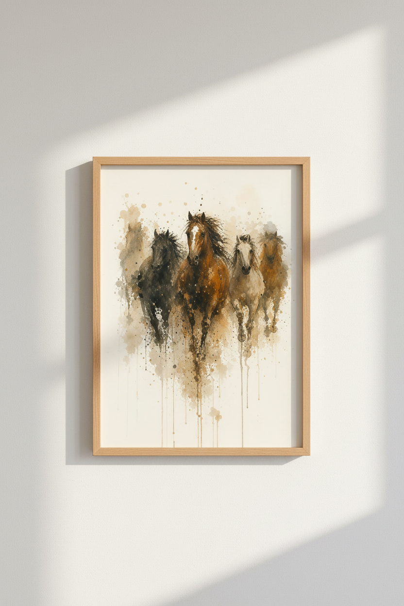 Watercolor horse art | Rustic browns, living room decor