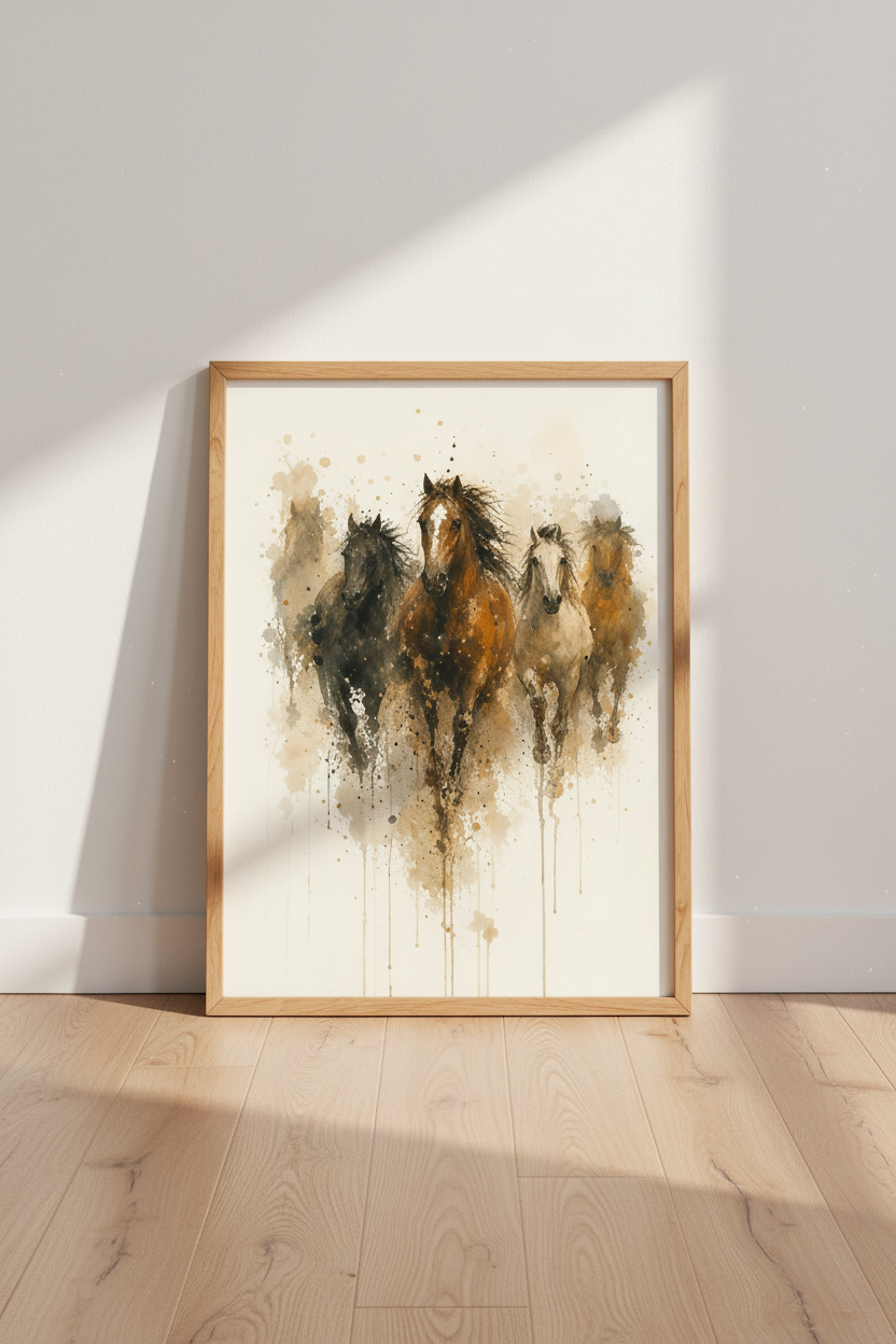 Watercolor horse art | Rustic browns, living room decor