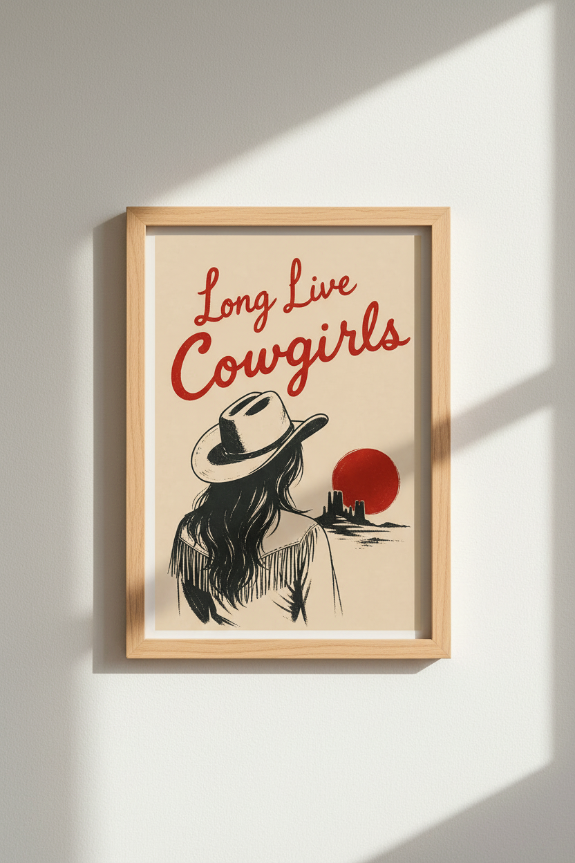 Western Cowgirl Print | Retro Desert Sunset Poster, Long Live Cowgirls Wall Art