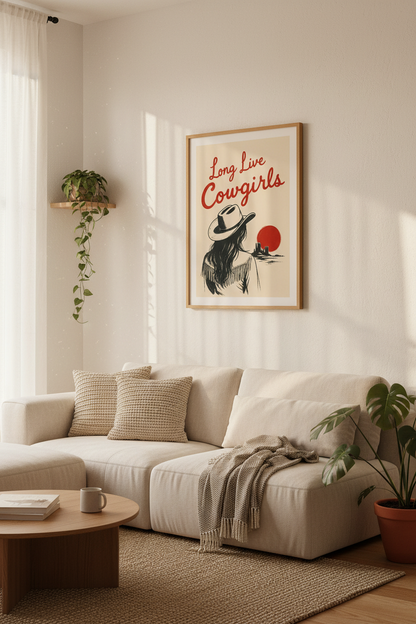 Western Cowgirl Print | Retro Desert Sunset Poster, Long Live Cowgirls Wall Art