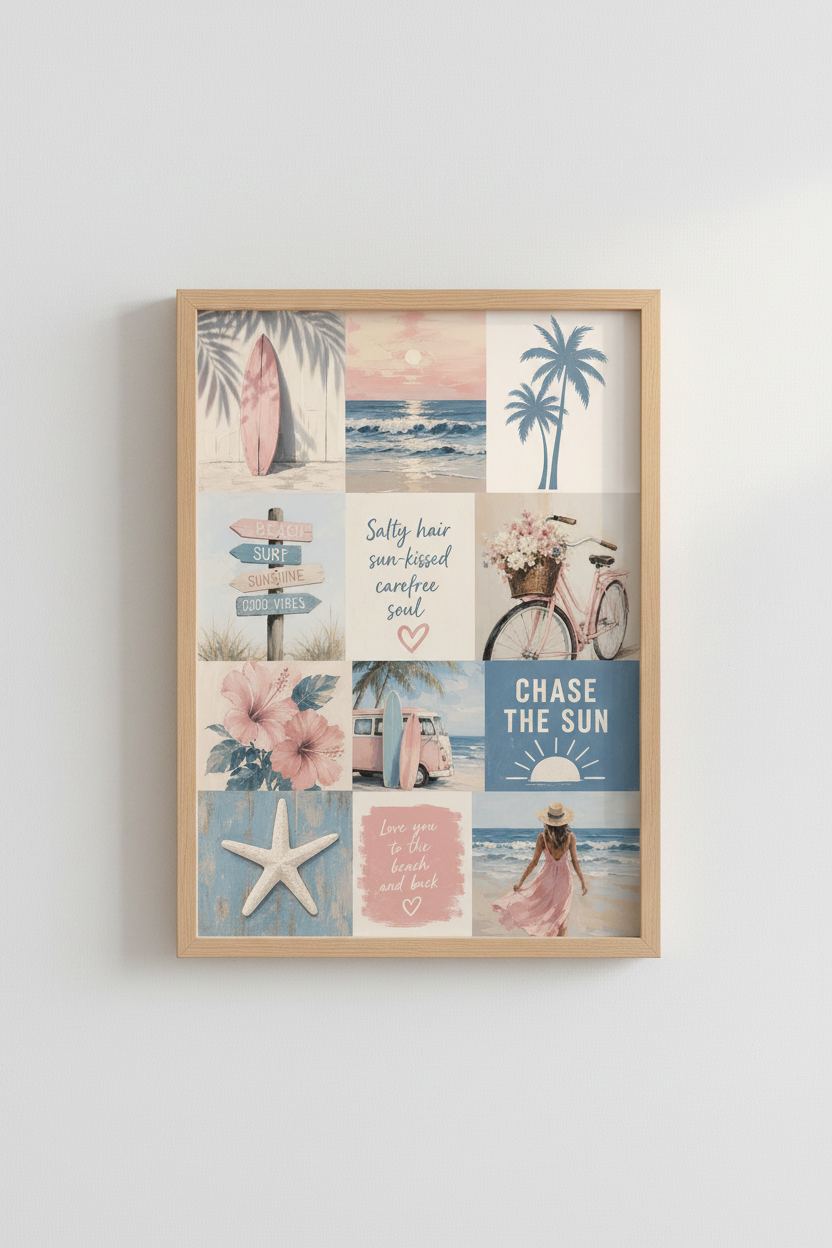 Coastal Beach Wall Art | Pastel Surf Collage, Nursery &amp; Living Room Decor