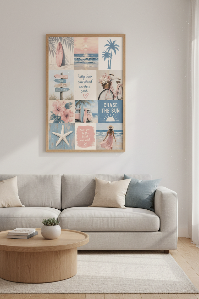 Coastal Beach Wall Art | Pastel Surf Collage, Nursery &amp; Living Room Decor