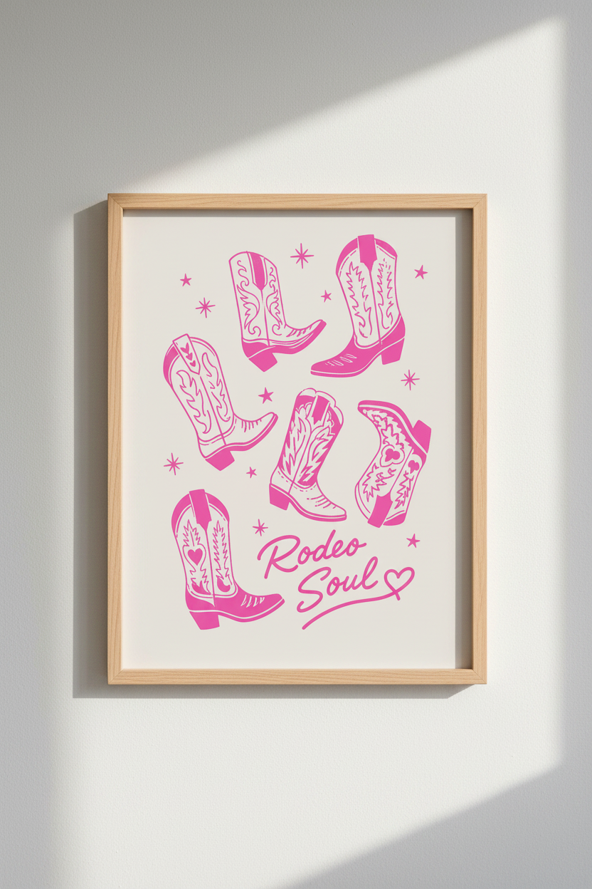 Pink Cowgirl Boots Print | Western Rodeo Soul Decor | Retro Aesthetic Poster