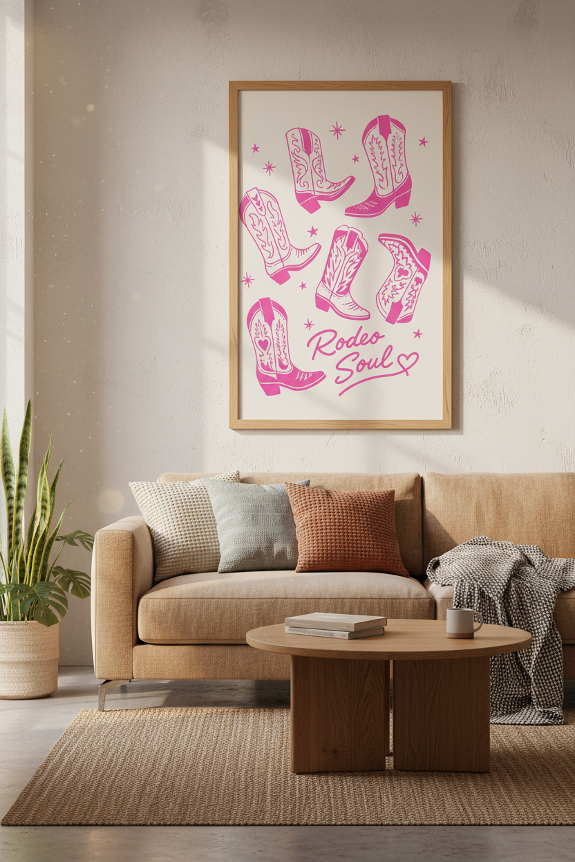 Pink Cowgirl Boots Print | Western Rodeo Soul Decor | Retro Aesthetic Poster