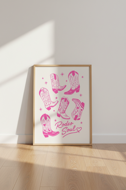 Pink Cowgirl Boots Print | Western Rodeo Soul Decor | Retro Aesthetic Poster