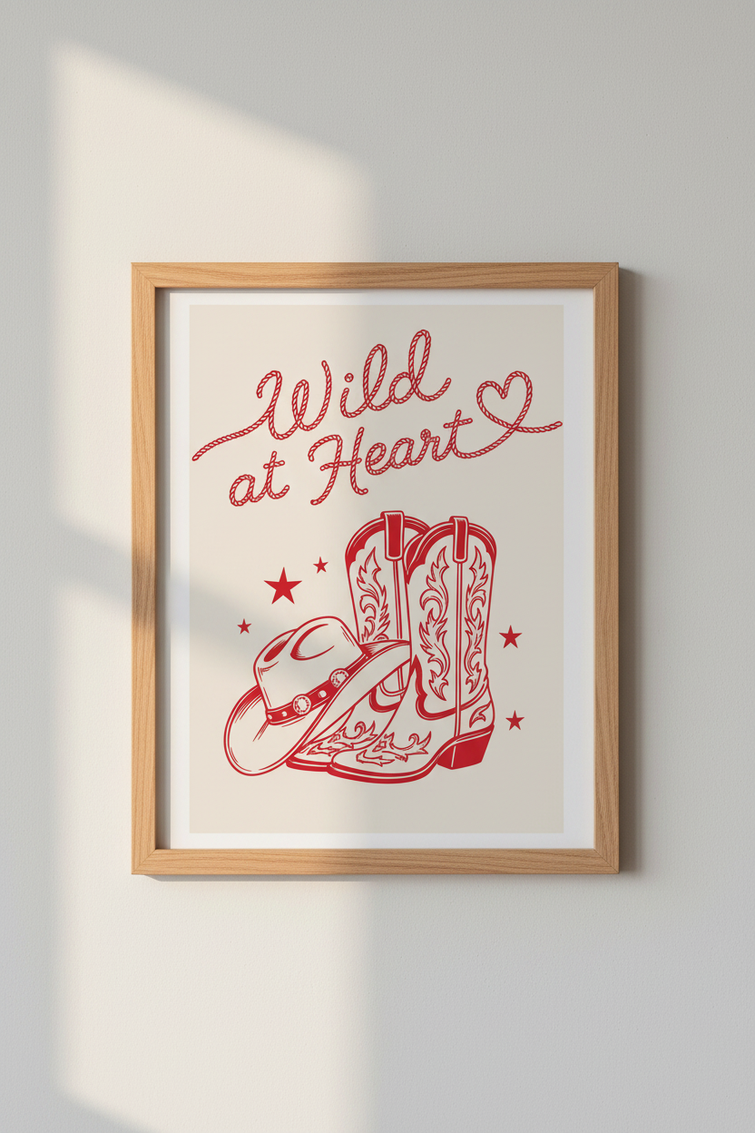 Western Cowboy Wall Art Print | Red Lucky Boots &amp; Hat Decor | Coastal Cowgirl Poster