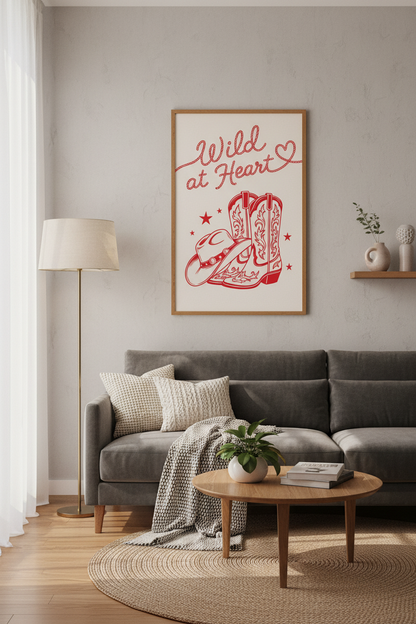 Western Cowboy Wall Art Print | Red Lucky Boots &amp; Hat Decor | Coastal Cowgirl Poster