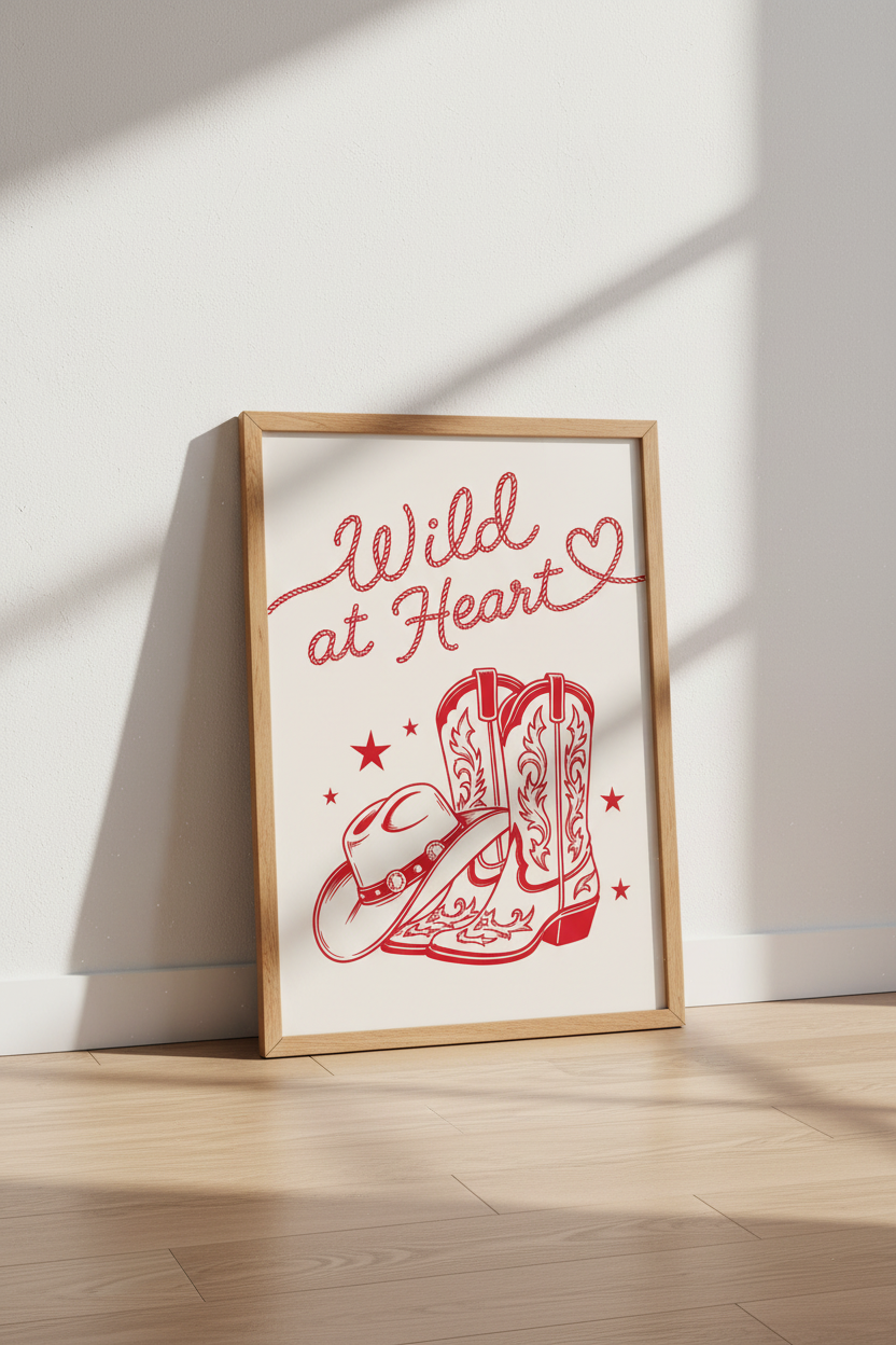 Western Cowboy Wall Art Print | Red Lucky Boots &amp; Hat Decor | Coastal Cowgirl Poster