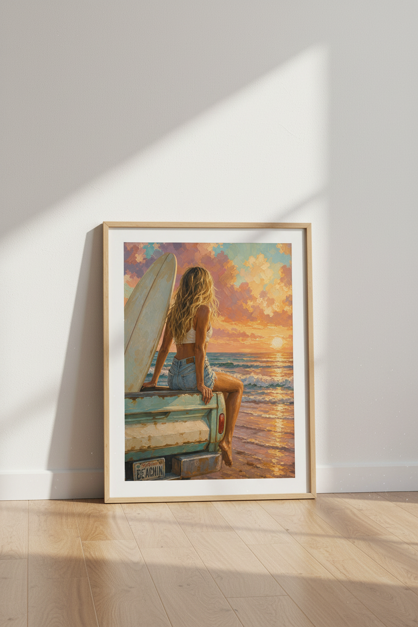 Coastal Surf Wall Art Print | Beach Sunset Decor | California Surfer Poster