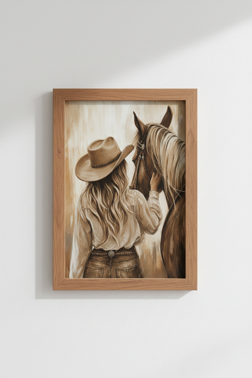 Western Cowgirl Print | Rustic Sepia Horse Poster, Farmhouse Living Room Art