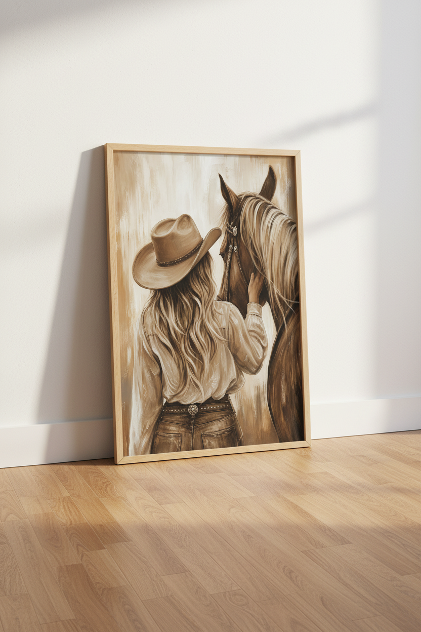 Western Cowgirl Print | Rustic Sepia Horse Poster, Farmhouse Living Room Art