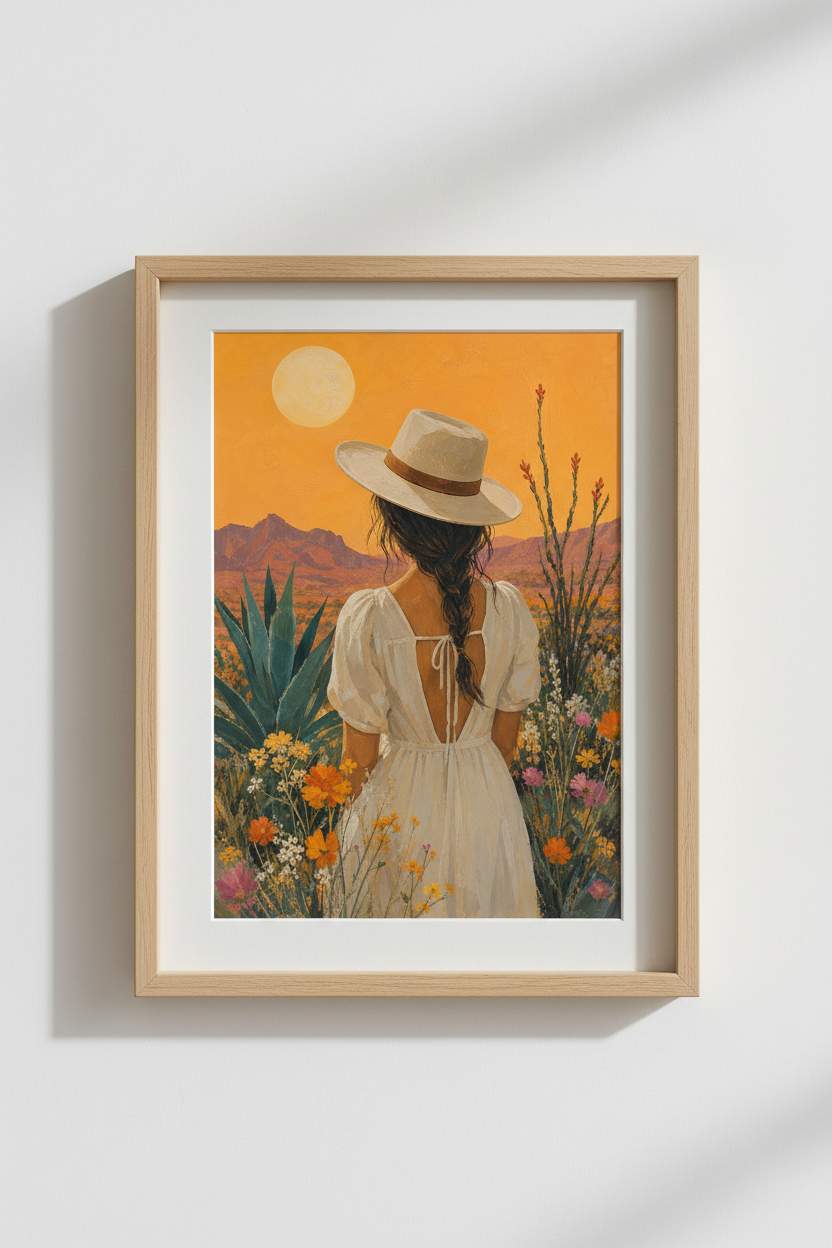 Western Boho Wall Art Print | Desert Woman &amp; Wildflowers | Southwest Room Decor Poster