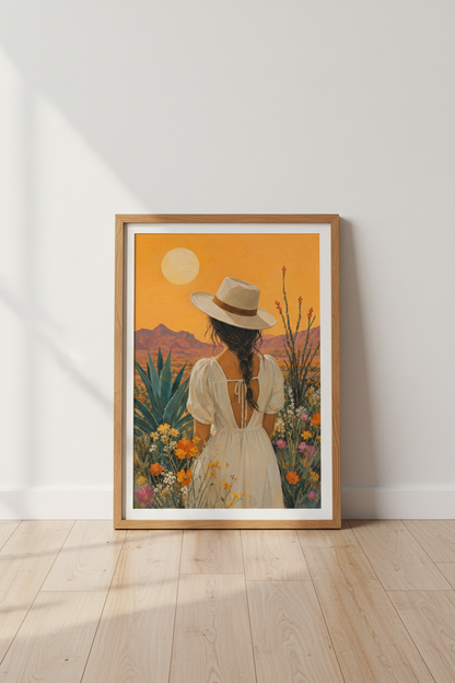 Western Boho Wall Art Print | Desert Woman &amp; Wildflowers | Southwest Room Decor Poster