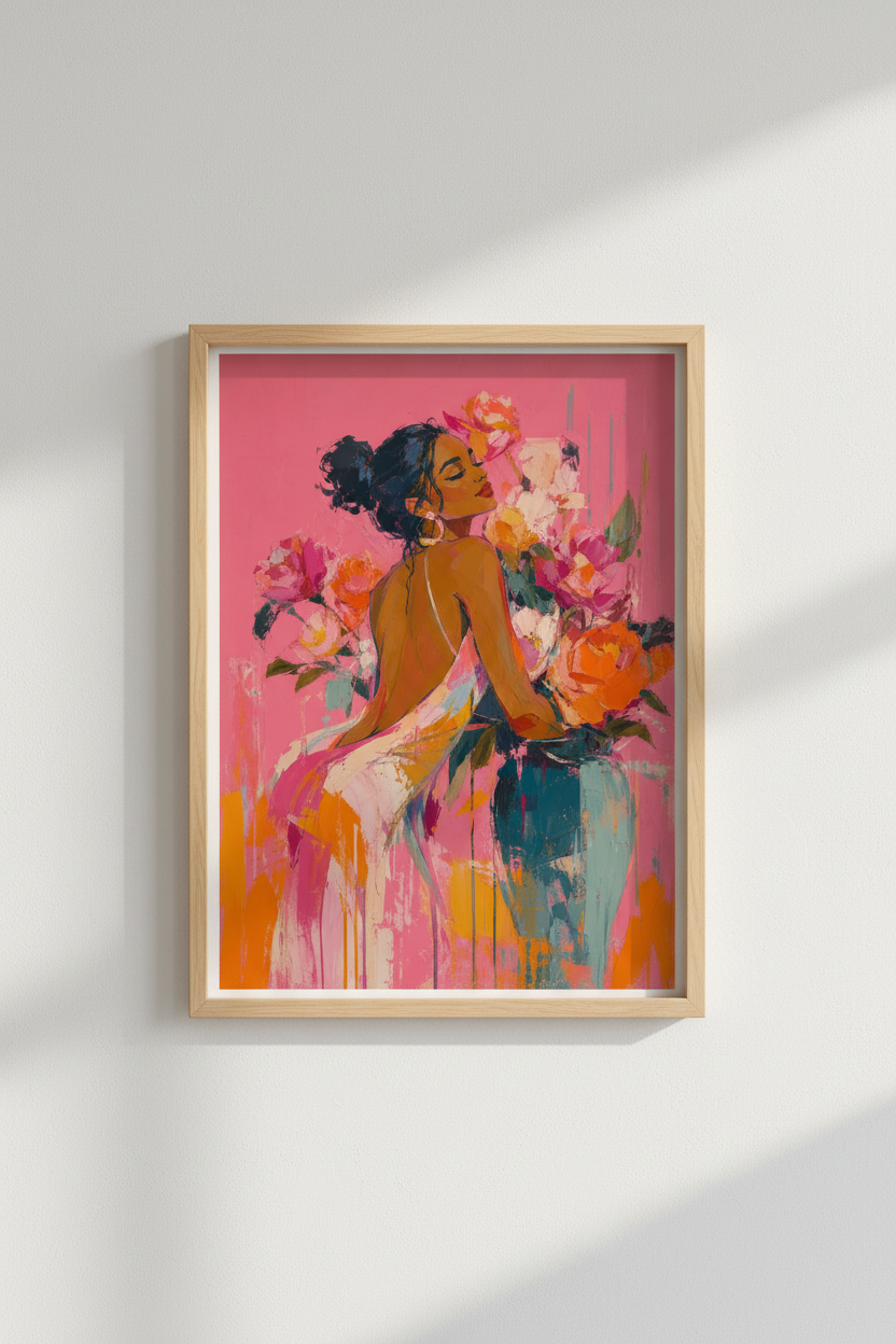 boho wall art print | expressive pink portrait, living room decor