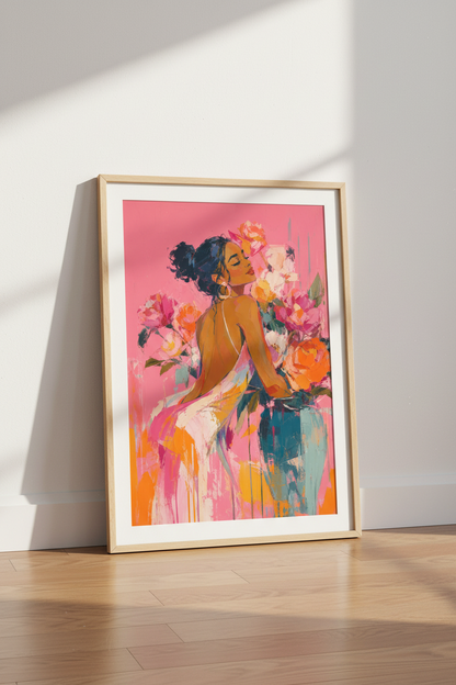 boho wall art print | expressive pink portrait, living room decor