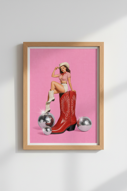 Disco Cowgirl Art Print | Retro Pink Pinup Poster, Western Dorm Decor