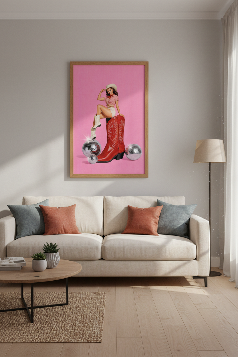 Disco Cowgirl Art Print | Retro Pink Pinup Poster, Western Dorm Decor