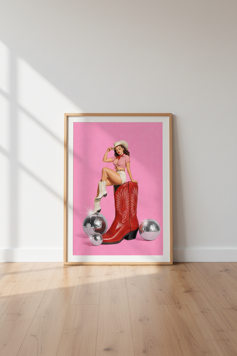 Disco Cowgirl Art Print | Retro Pink Pinup Poster, Western Dorm Decor