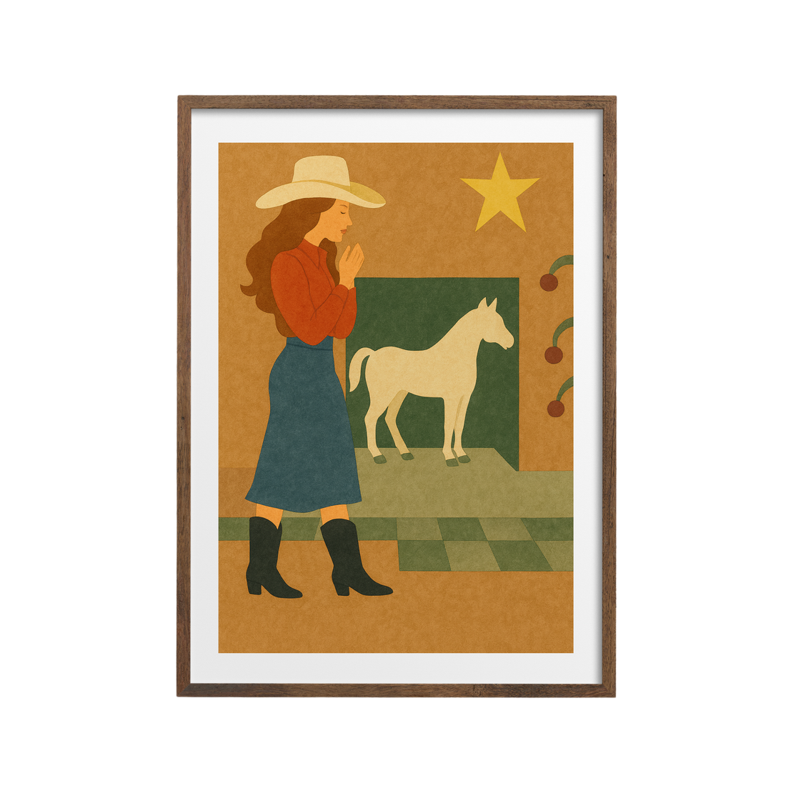 Cowgirl and Horse Wall Art Poster - Modern Western Folk Art Print | Rustic Ranch Decor