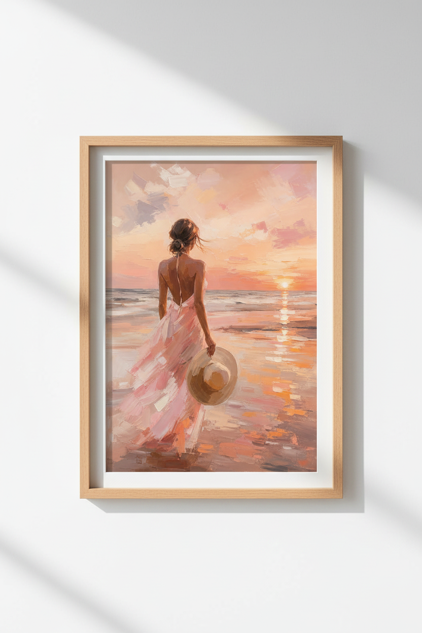 Coastal Beach Wall Art | Impressionist Sunset Poster, Pink Beach House Decor