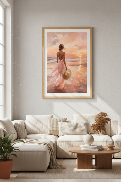 Coastal Beach Wall Art | Impressionist Sunset Poster, Pink Beach House Decor