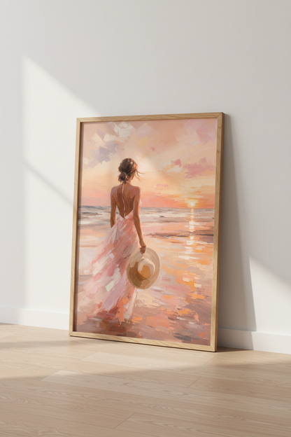 Coastal Beach Wall Art | Impressionist Sunset Poster, Pink Beach House Decor