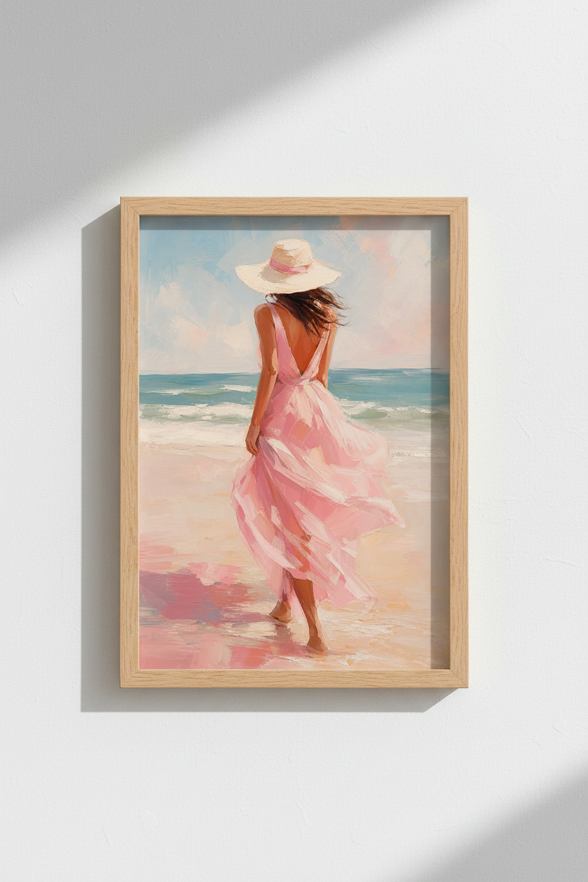 Coastal Beach Wall Art | Pink Summer Dress Painting, Modern Beach House Decor