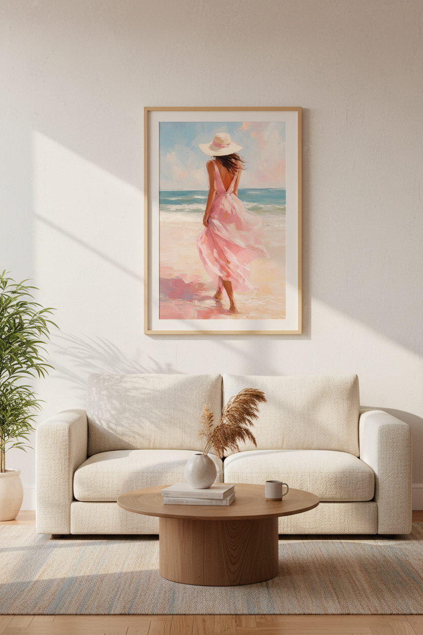 Coastal Beach Wall Art | Pink Summer Dress Painting, Modern Beach House Decor