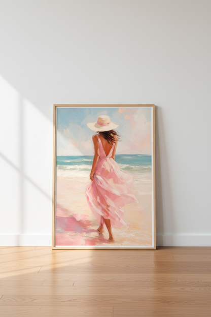 Coastal Beach Wall Art | Pink Summer Dress Painting, Modern Beach House Decor